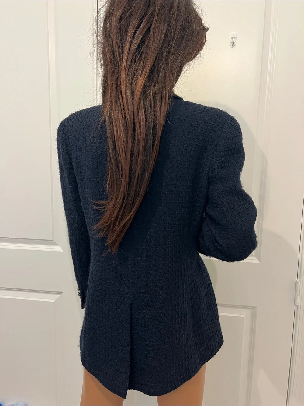 CHANEL 08A Navy Wool Cashmere Tweed Blazer Jacket CC Buttons FR 44